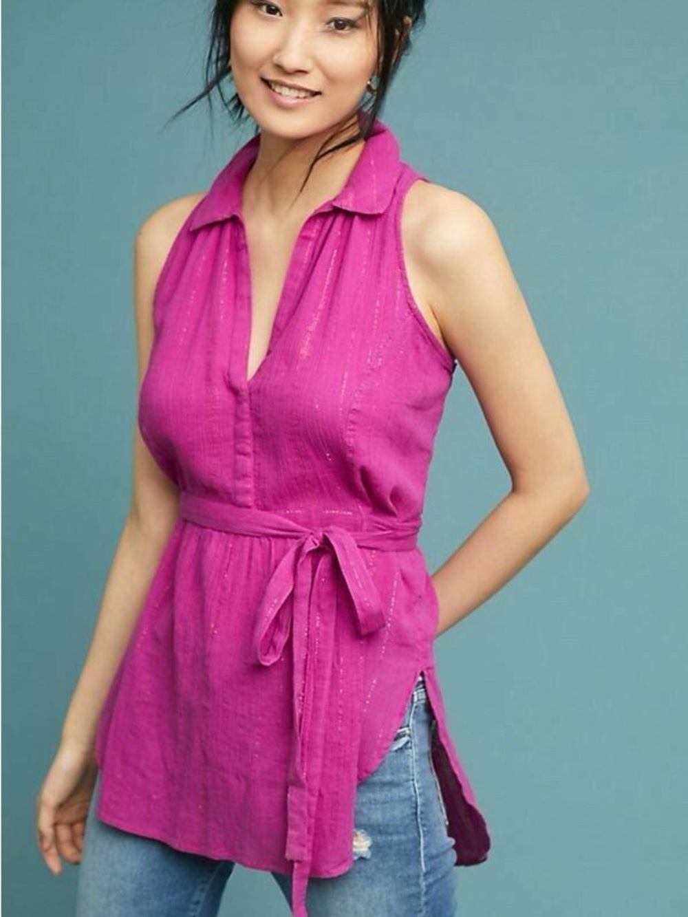 Maeve Anthropologie Batavia Fuchsia Sparkly Gauze Tunic